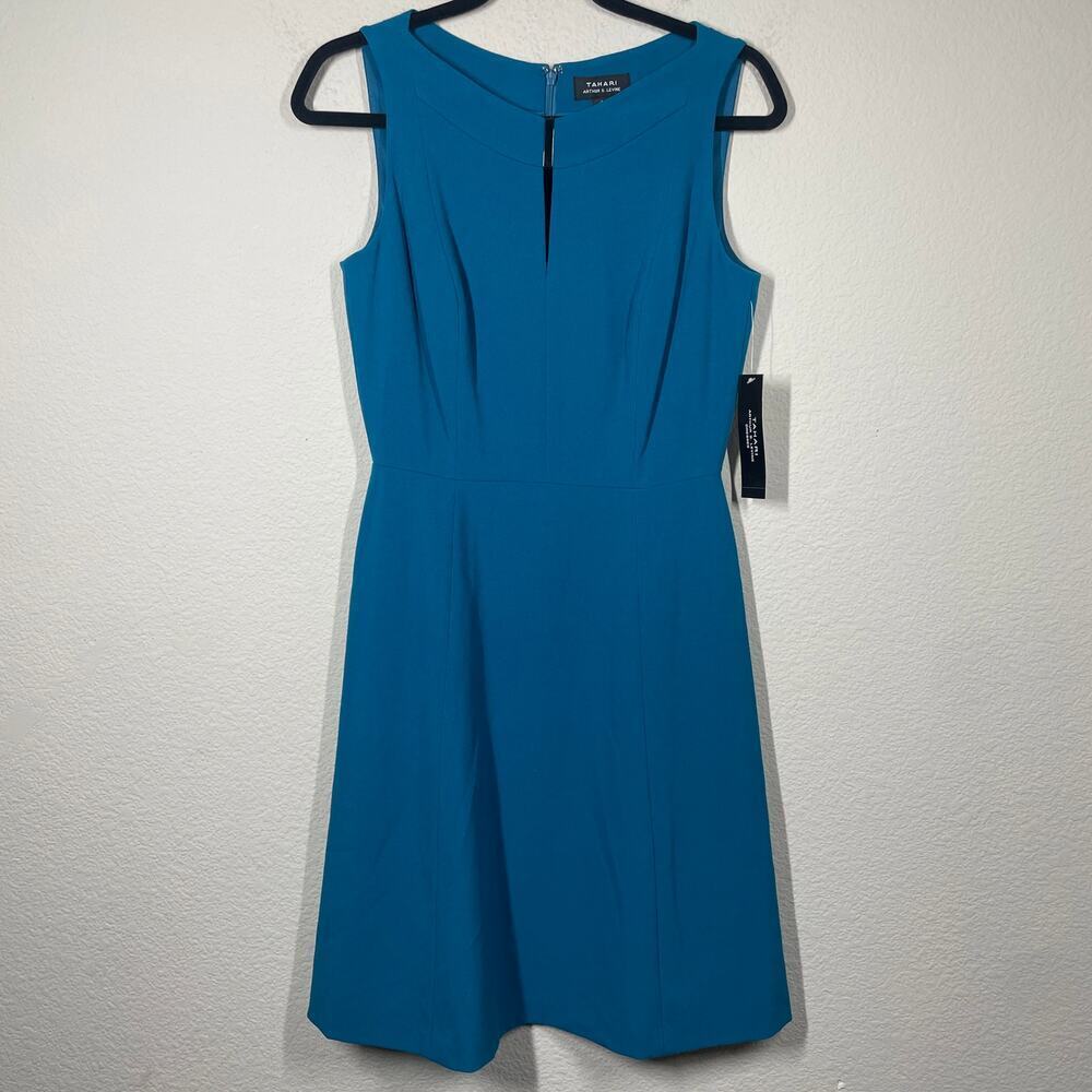 Tahari 4 Fit & Flare Dress Teal Keyhole Hourglass Sleeveless Career Office NWT